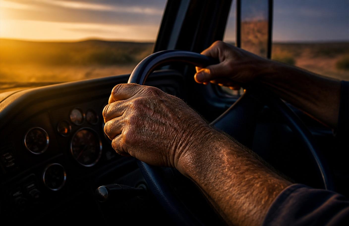 An owner-driver's hands on the wheel at sunset
